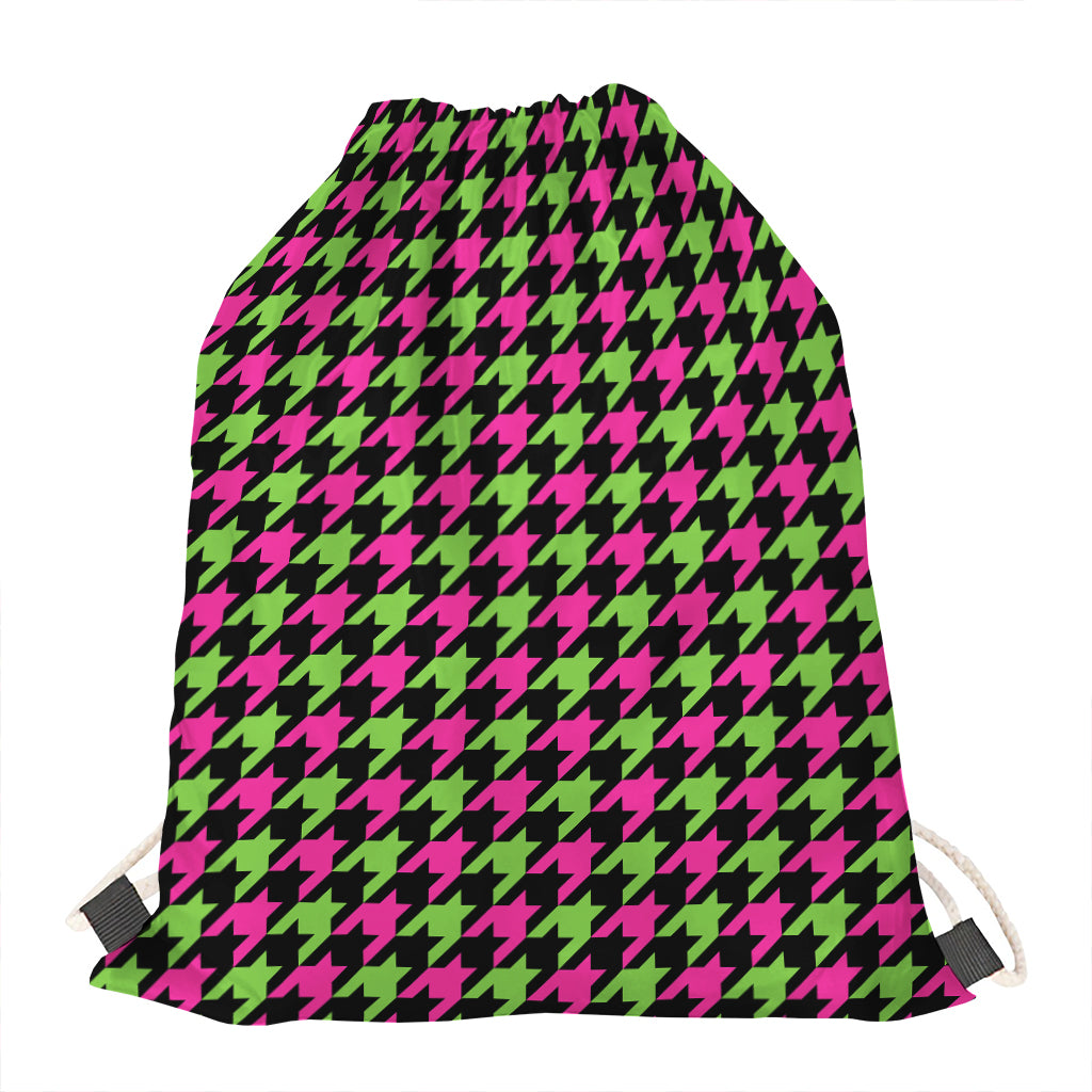Pink And Green Houndstooth Pattern Print Drawstring Bag