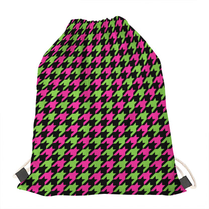 Pink And Green Houndstooth Pattern Print Drawstring Bag