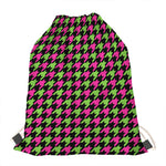 Pink And Green Houndstooth Pattern Print Drawstring Bag