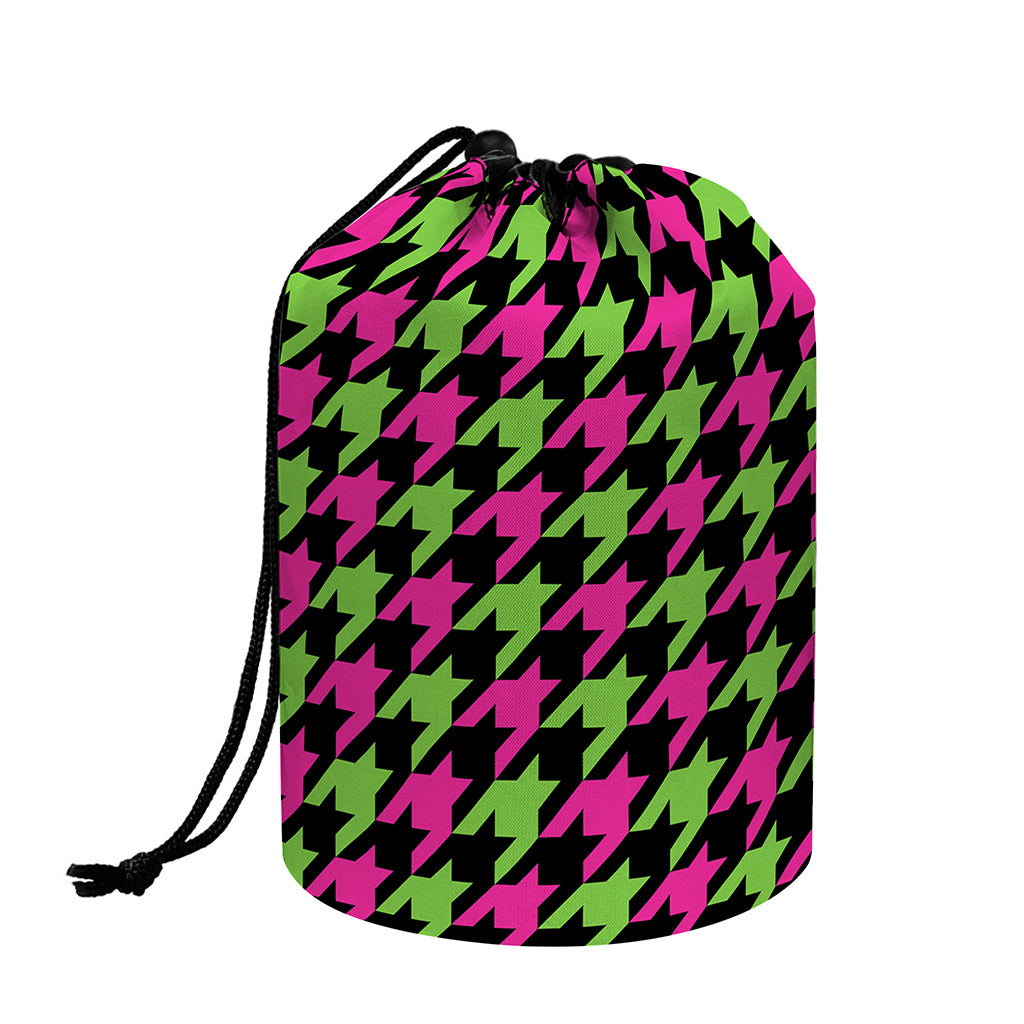 Pink And Green Houndstooth Pattern Print Drawstring Makeup Bag
