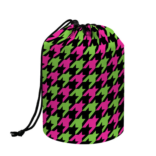 Pink And Green Houndstooth Pattern Print Drawstring Makeup Bag