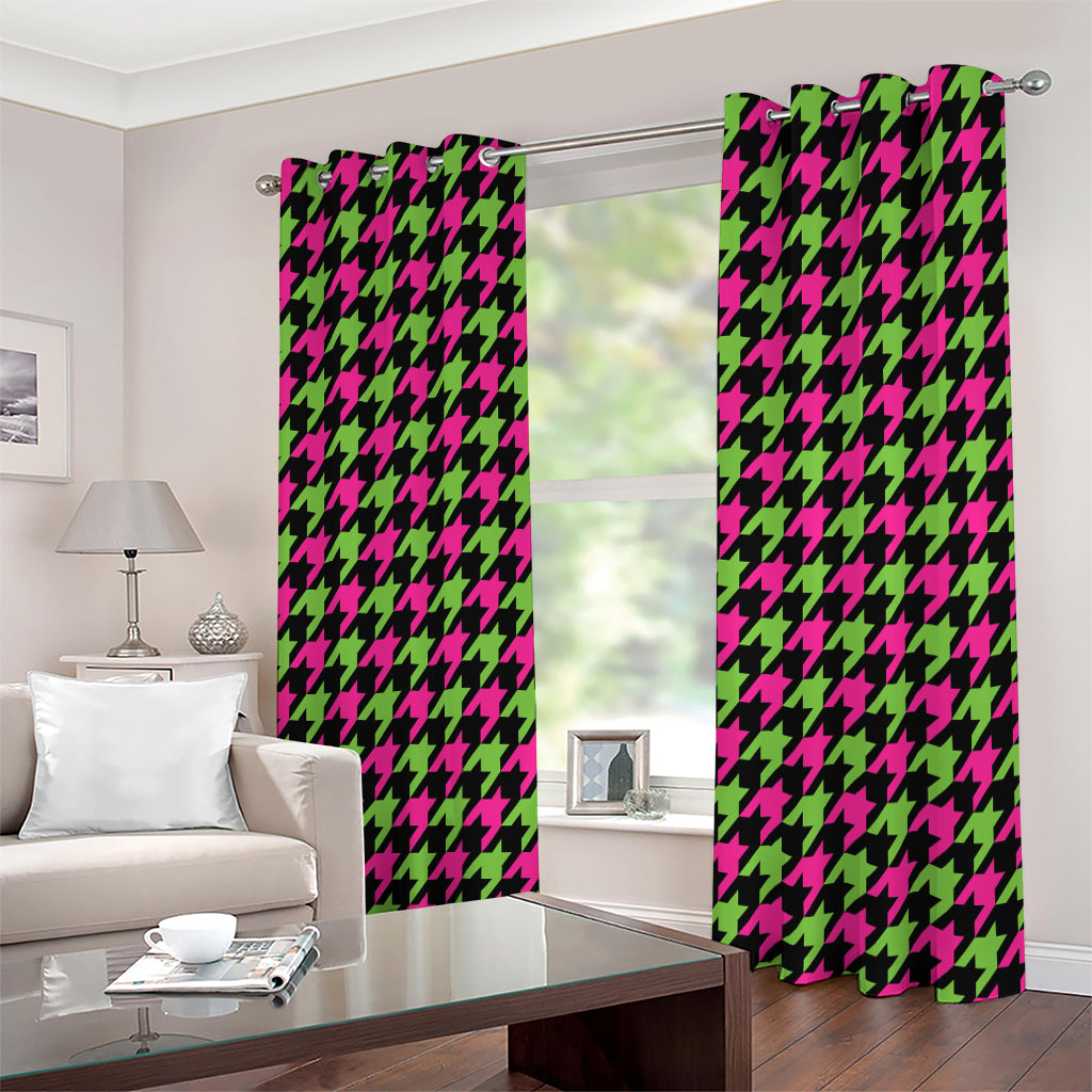 Pink And Green Houndstooth Pattern Print Extra Wide Grommet Curtains