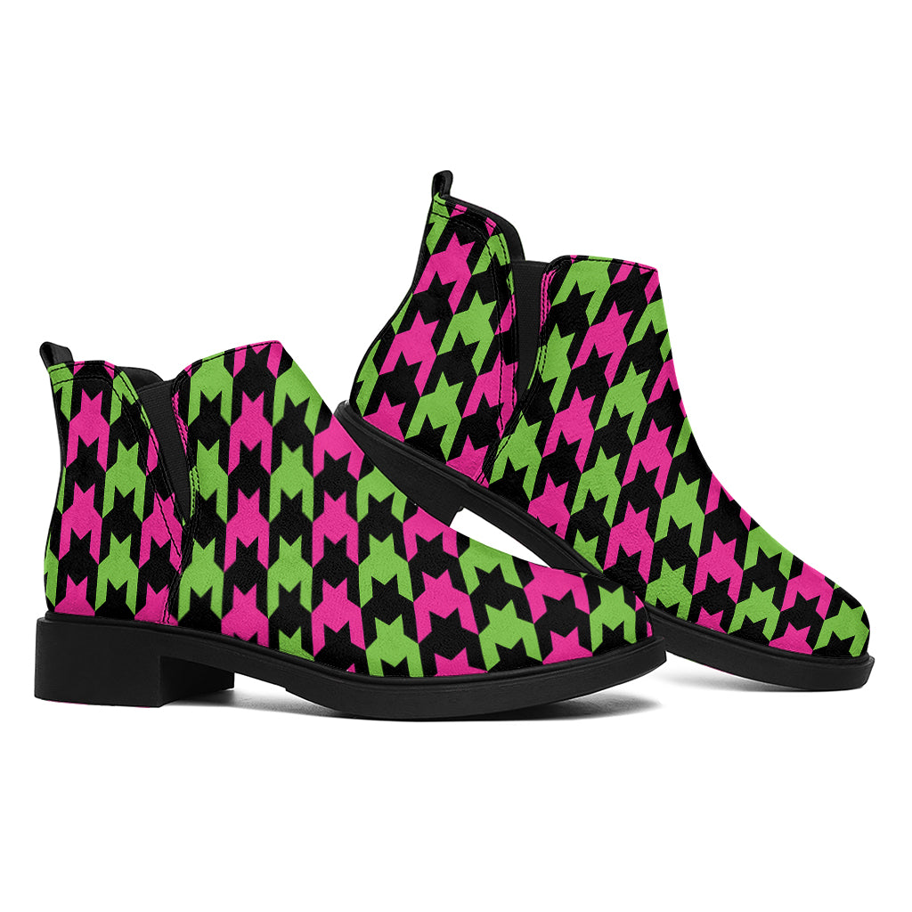 Pink And Green Houndstooth Pattern Print Flat Ankle Boots