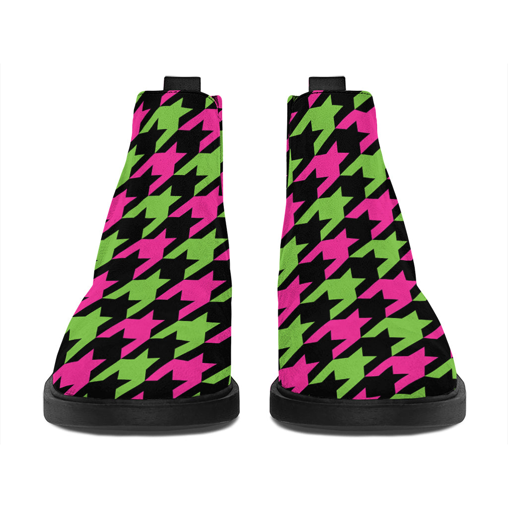 Pink And Green Houndstooth Pattern Print Flat Ankle Boots