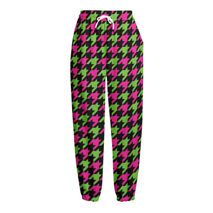 Pink And Green Houndstooth Pattern Print Fleece Lined Knit Pants
