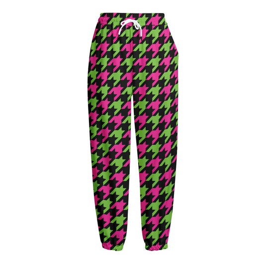 Pink And Green Houndstooth Pattern Print Fleece Lined Knit Pants
