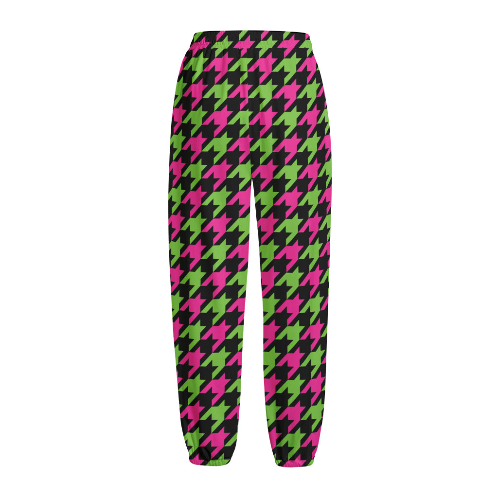 Pink And Green Houndstooth Pattern Print Fleece Lined Knit Pants