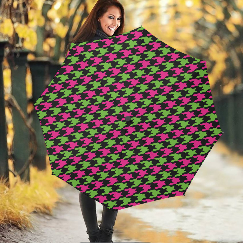 Pink And Green Houndstooth Pattern Print Foldable Umbrella