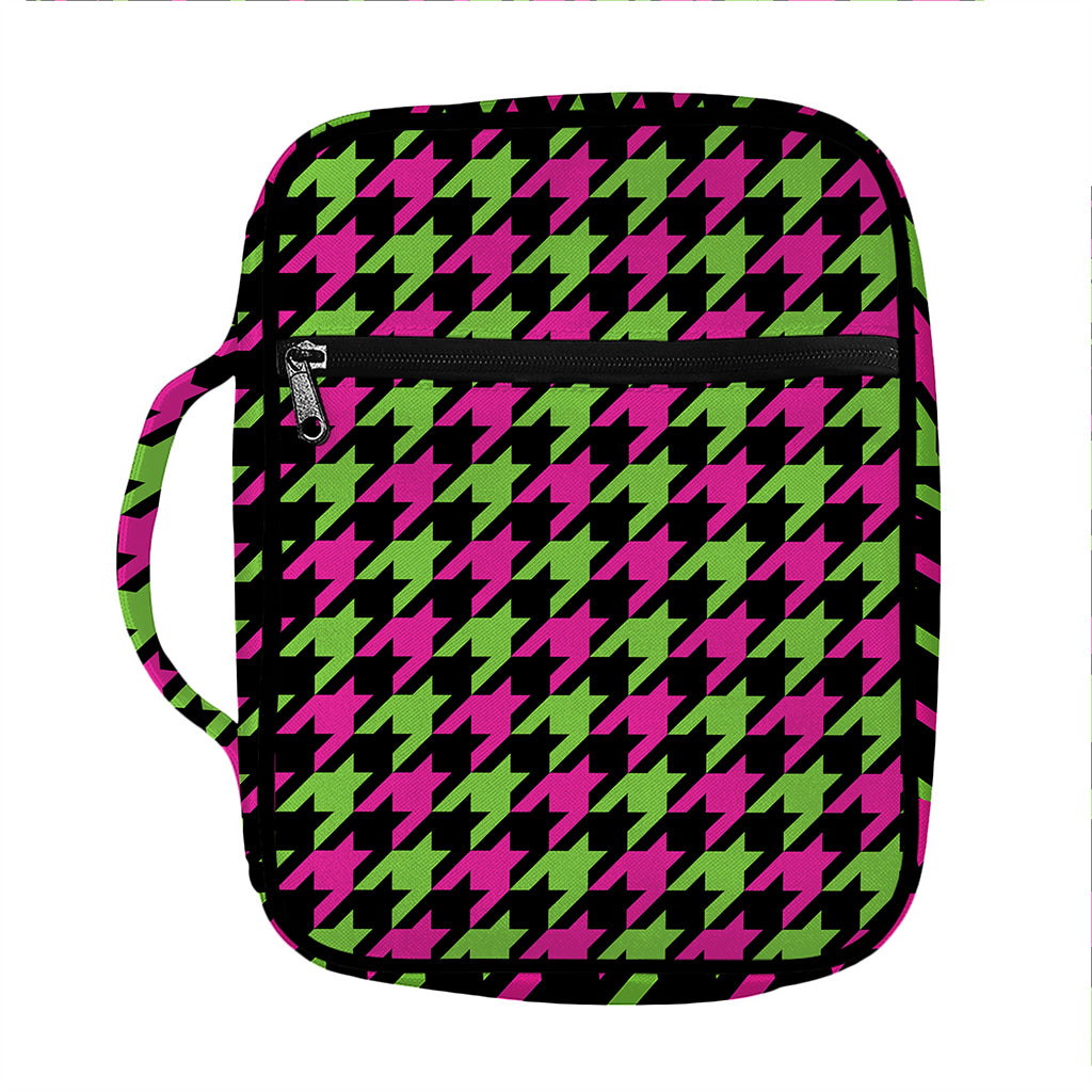 Pink And Green Houndstooth Pattern Print Front Pocket Bible Bag
