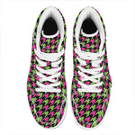 Pink And Green Houndstooth Pattern Print High Top Leather Sneakers