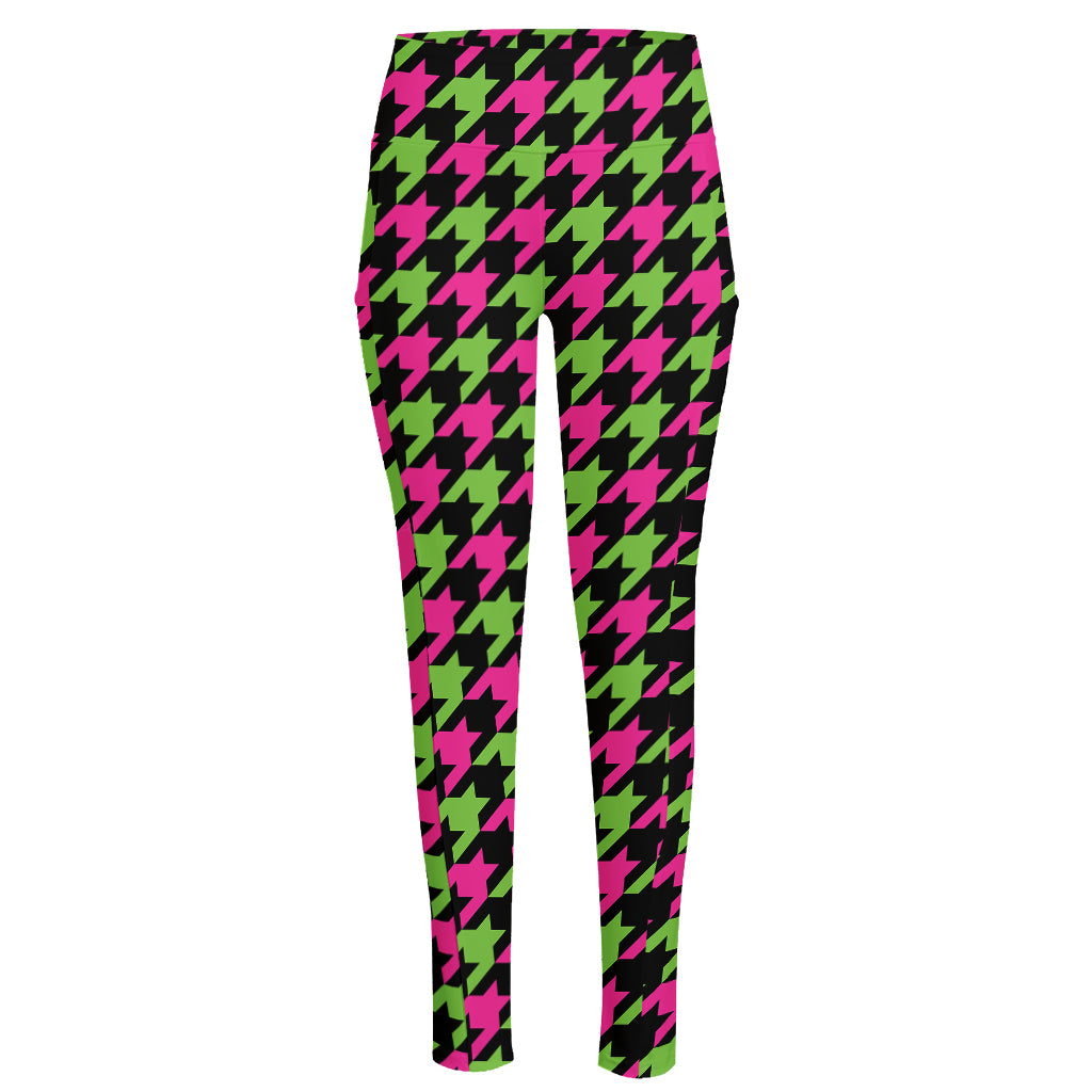 Pink And Green Houndstooth Pattern Print High-Waisted Pocket Leggings