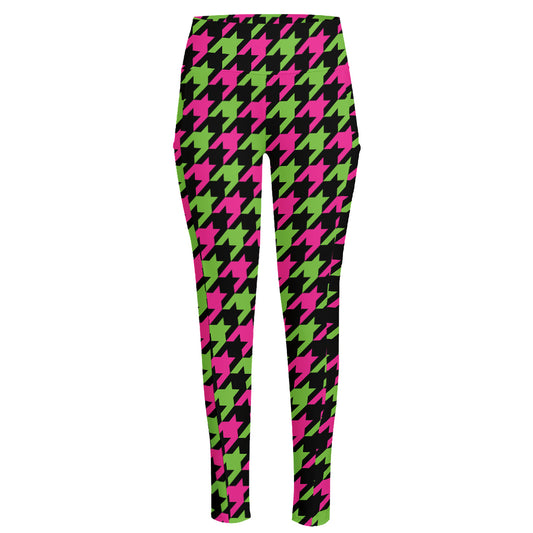 Pink And Green Houndstooth Pattern Print High-Waisted Pocket Leggings