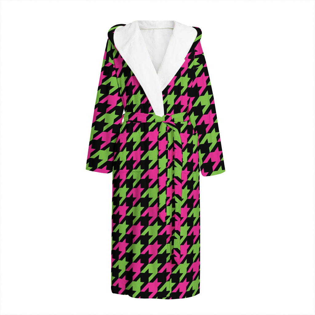 Pink And Green Houndstooth Pattern Print Hooded Bathrobe
