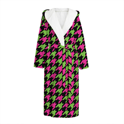 Pink And Green Houndstooth Pattern Print Hooded Bathrobe