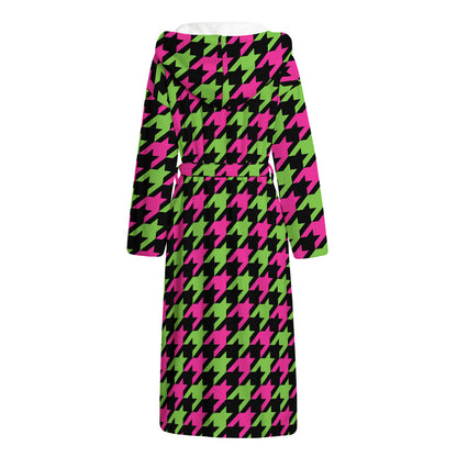 Pink And Green Houndstooth Pattern Print Hooded Bathrobe