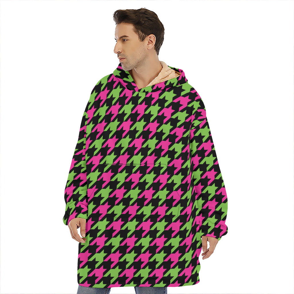 Pink And Green Houndstooth Pattern Print Hoodie Blanket
