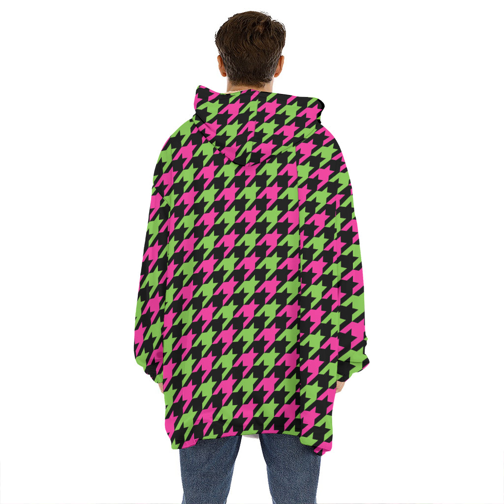 Pink And Green Houndstooth Pattern Print Hoodie Blanket