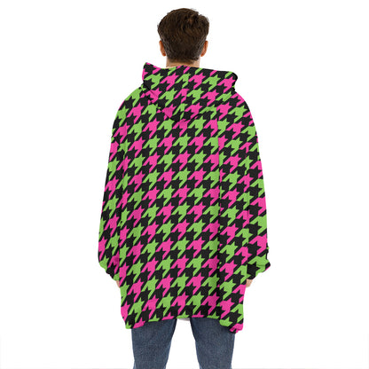 Pink And Green Houndstooth Pattern Print Hoodie Blanket