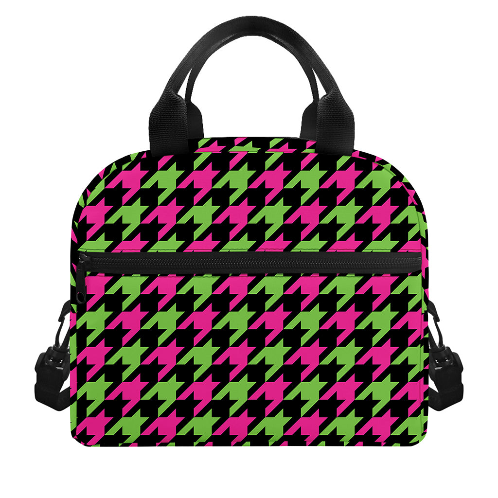 Pink And Green Houndstooth Pattern Print Insulated Lunch Bag