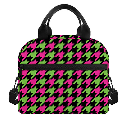 Pink And Green Houndstooth Pattern Print Insulated Lunch Bag