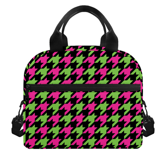 Pink And Green Houndstooth Pattern Print Insulated Lunch Bag