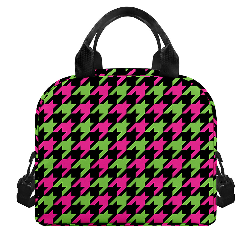 Pink And Green Houndstooth Pattern Print Insulated Lunch Bag