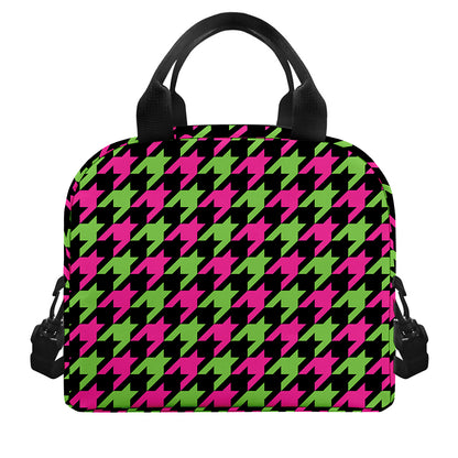 Pink And Green Houndstooth Pattern Print Insulated Lunch Bag