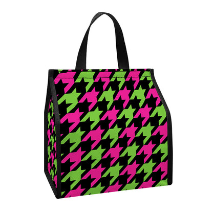 Pink And Green Houndstooth Pattern Print Insulated Lunch Tote