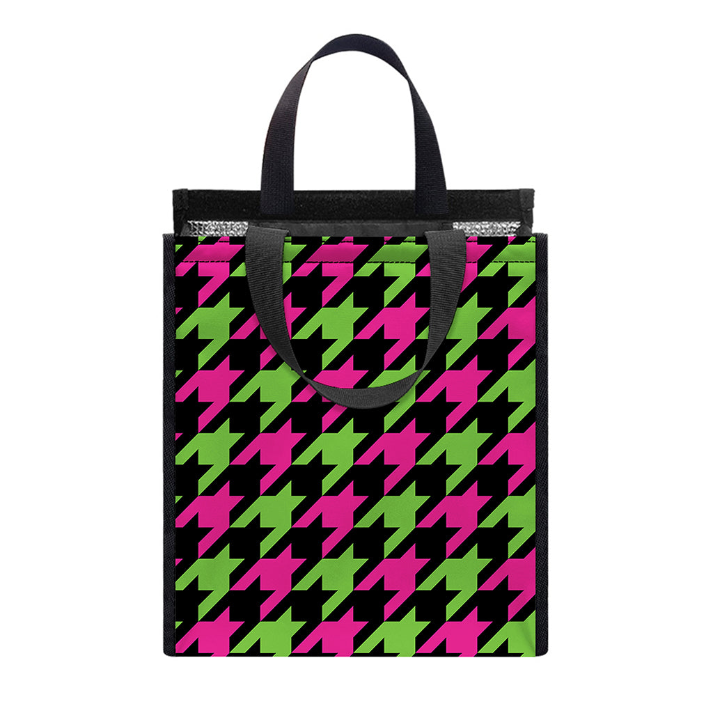 Pink And Green Houndstooth Pattern Print Insulated Lunch Tote