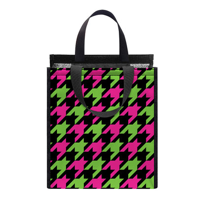 Pink And Green Houndstooth Pattern Print Insulated Lunch Tote