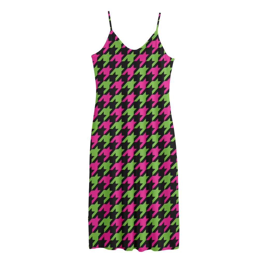 Pink And Green Houndstooth Pattern Print Jersey Midi Cami Dress