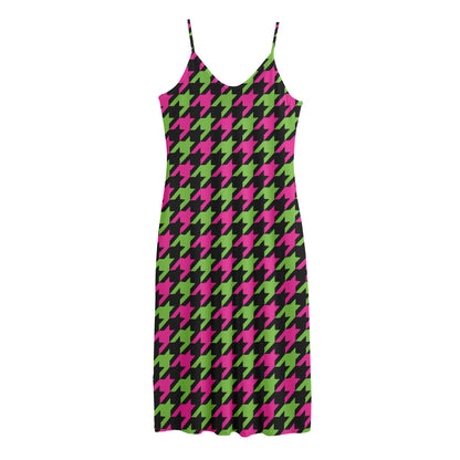 Pink And Green Houndstooth Pattern Print Jersey Midi Cami Dress