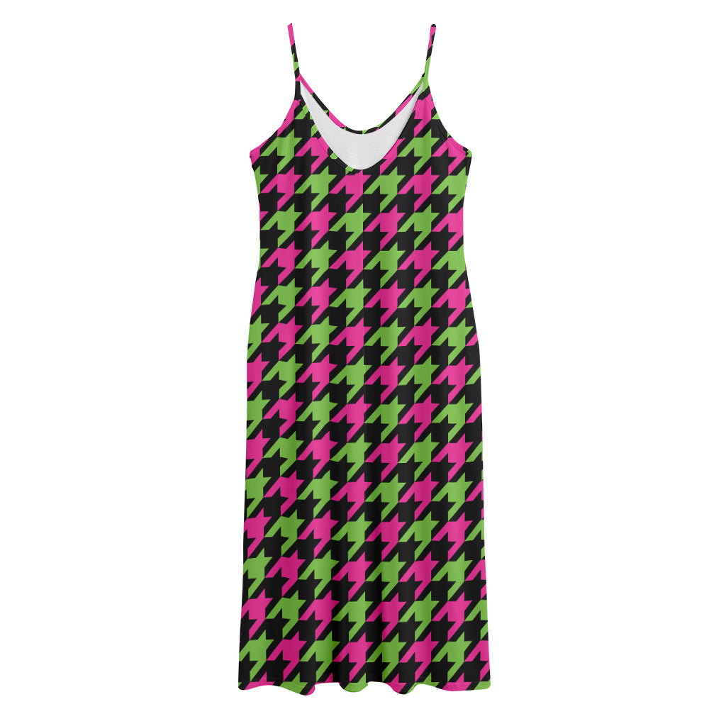 Pink And Green Houndstooth Pattern Print Jersey Midi Cami Dress
