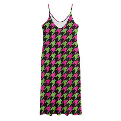 Pink And Green Houndstooth Pattern Print Jersey Midi Cami Dress