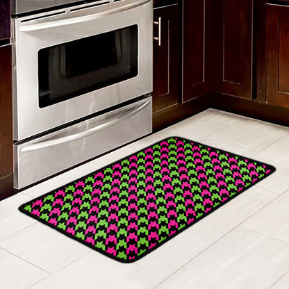 Pink And Green Houndstooth Pattern Print Kitchen Mat