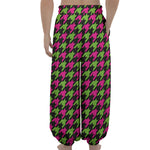 Pink And Green Houndstooth Pattern Print Lantern Pants