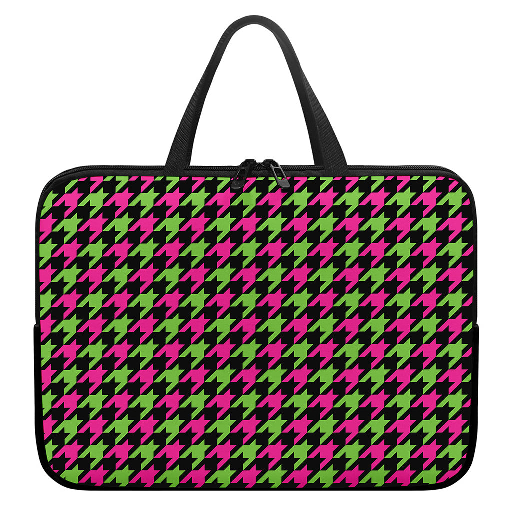 Pink And Green Houndstooth Pattern Print Laptop Sleeve With Handle