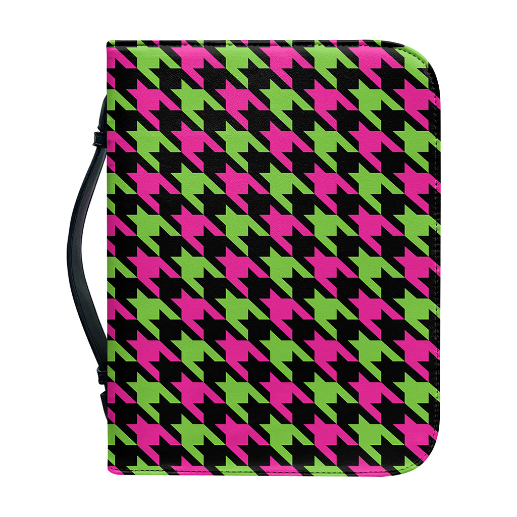Pink And Green Houndstooth Pattern Print Leather Bible Cover