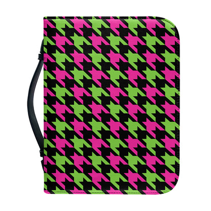 Pink And Green Houndstooth Pattern Print Leather Bible Cover