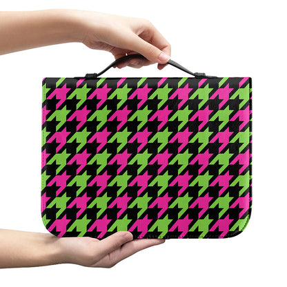 Pink And Green Houndstooth Pattern Print Leather Bible Cover