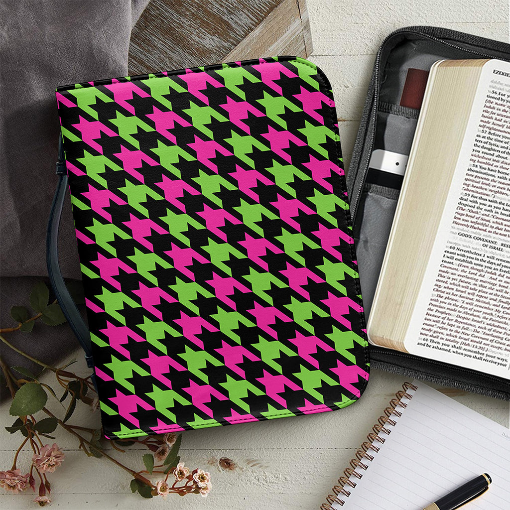 Pink And Green Houndstooth Pattern Print Leather Bible Cover