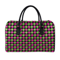 Pink And Green Houndstooth Pattern Print Leather Duffel Bag