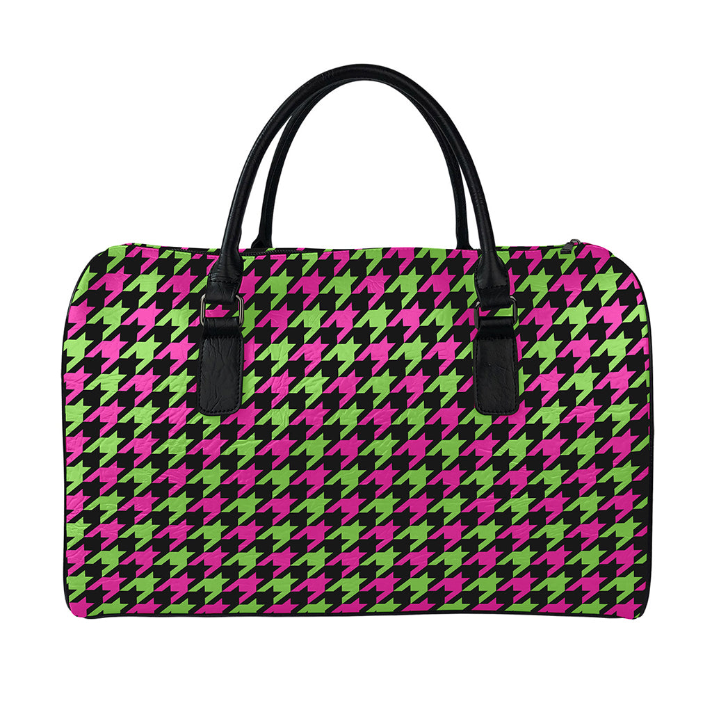 Pink And Green Houndstooth Pattern Print Leather Duffle Bag