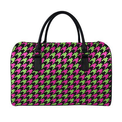 Pink And Green Houndstooth Pattern Print Leather Duffle Bag