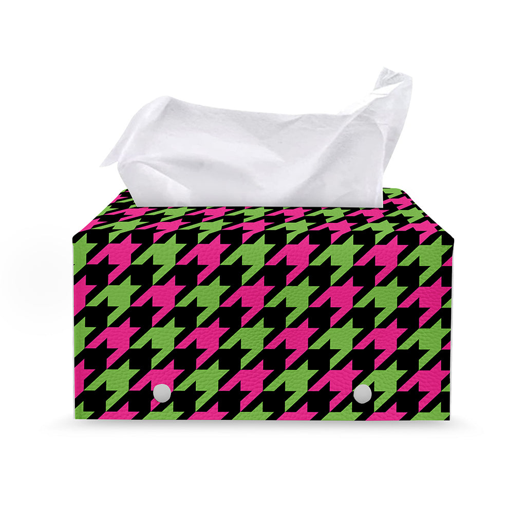 Pink And Green Houndstooth Pattern Print Leather Tissue Box Cover