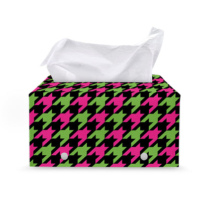 Pink And Green Houndstooth Pattern Print Leather Tissue Box Cover