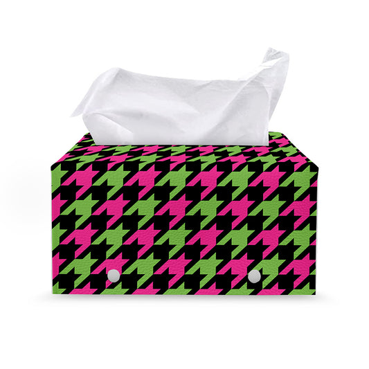 Pink And Green Houndstooth Pattern Print Leather Tissue Box Cover