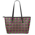 Pink And Green Houndstooth Pattern Print Leather Tote Bag With Zipper