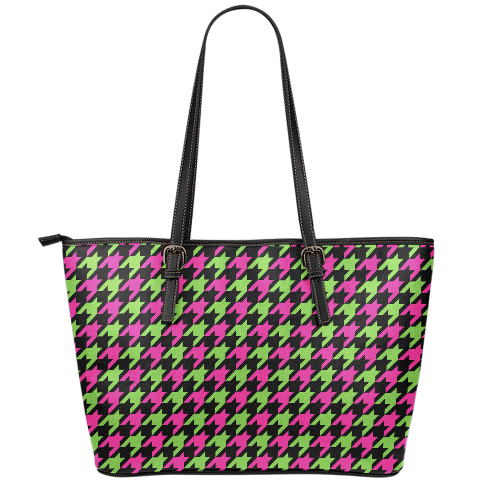 Pink And Green Houndstooth Pattern Print Leather Tote Bag