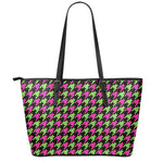 Pink And Green Houndstooth Pattern Print Leather Tote Bag
